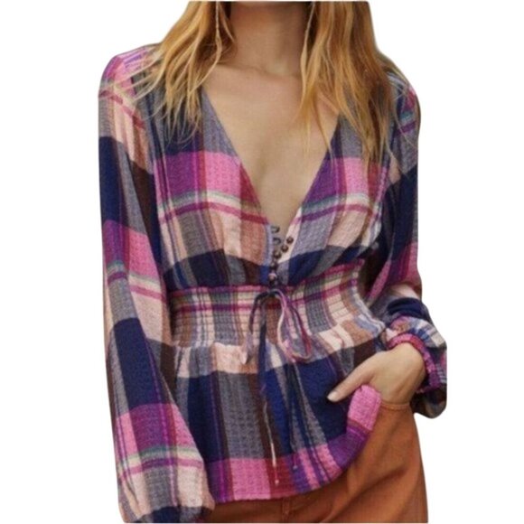 Anthropologie Pilcro Plaid Deep V Blouse Smock Waist Peplum Top Size S - Picture 5 of 9